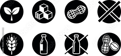 Allergy icons for food intolerance warning with wheat milk peanut and sugar vector set