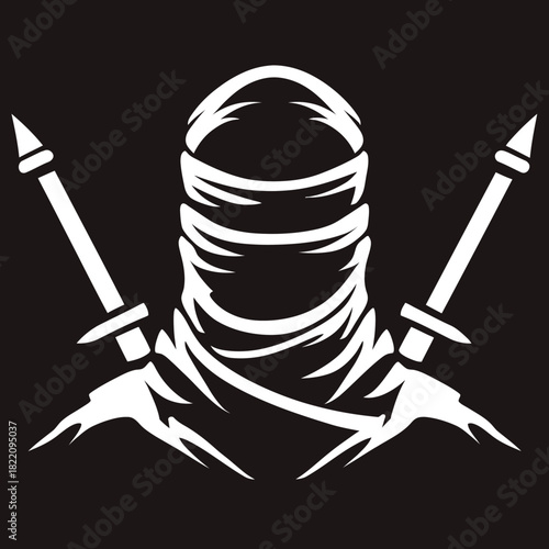 Abstract illustration of a masked figure with crossed weapons against black