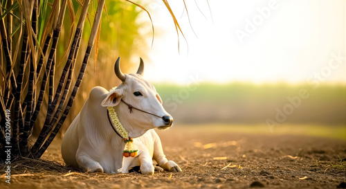 Cow Decorated with Flower Garland for Pongal Holiday  Sitting Peacefully Under Sugarcane Stalks