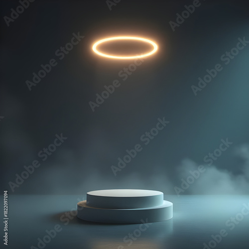 Glowing Halo Ring Above Minimal Pedestal with Volumetric Light and Fog