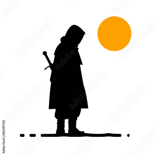 Silhouette of a figure in a hood with a sword and a bright sun