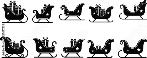 Black silhouette Christmas sleigh icons with gifts, festive winter holiday vector set perfect for decor and design projects