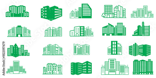 Green Eco-Friendly City Building Icon Set