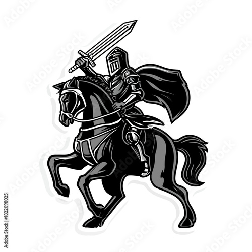 Knight on horseback vector illustration of armored figure raising sword