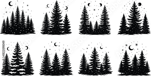 Peaceful winter forest silhouette set with pine trees, falling snow, crescent moon and stars creating serene nighttime landscapes