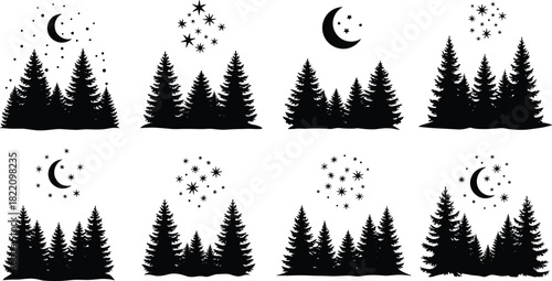 Winter forest silhouette set featuring pine trees, crescent moon, falling snow and stars in peaceful night landscape scenes