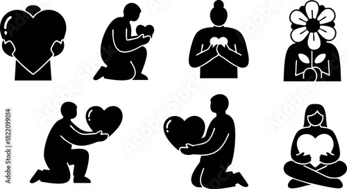 Love heart holding people icons set showing care affection and gratitude vector illustration