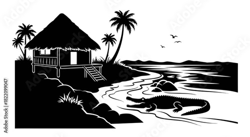 Tropical island vacation vector illustration of a man relaxing in a hammock between palm trees on a sunny beach near the ocean