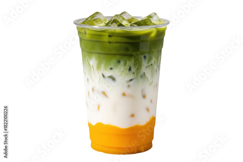 iced layered mango matcha latte isolated