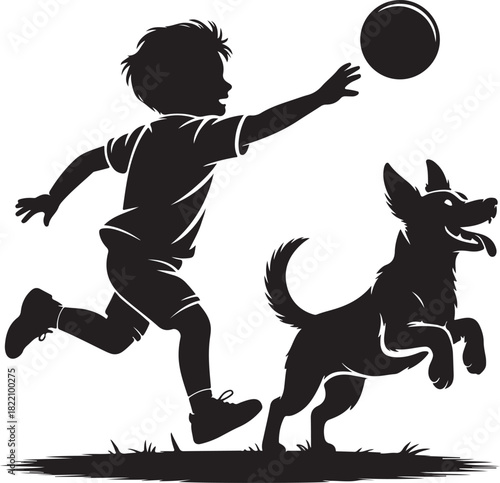 A boy happily runs to catch a ball as his dog jumps beside him
