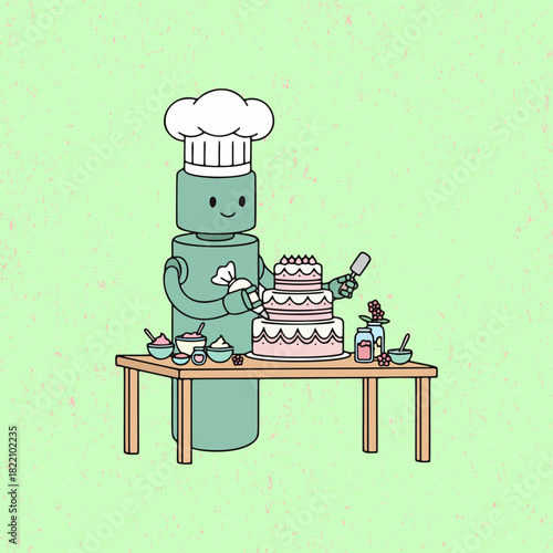 Cartoon Robot Chef Mixing Ingredients – Cute Flat Design Illustration for Food Concepts and Digital Creativity