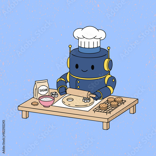 Cute Little Robot Preparing Food in the Kitchen – Flat Vector Art Ideal for Fun, Kid-Themed, and Culinary Projects