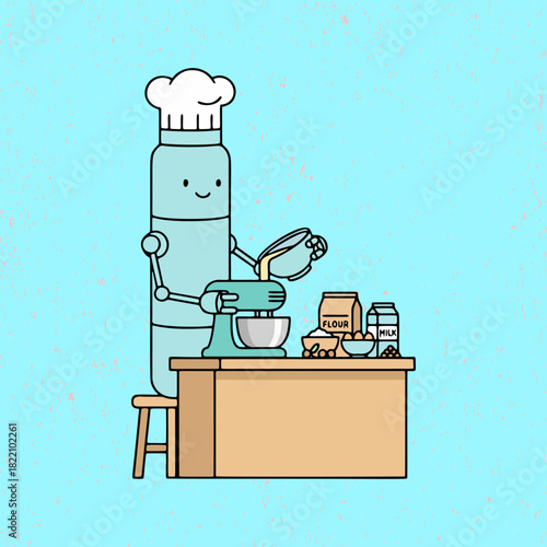 Friendly Cartoon Robot Chef Making a Meal – Fun Flat Vector Illustration Suitable for Children and Creative Designs