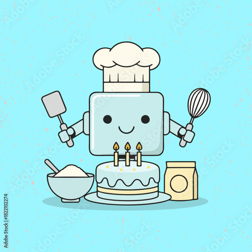 Adorable Robot Chef Stirring Food in a Pot – Cute Flat Vector Design Ideal for Kid-Friendly and Culinary Themes