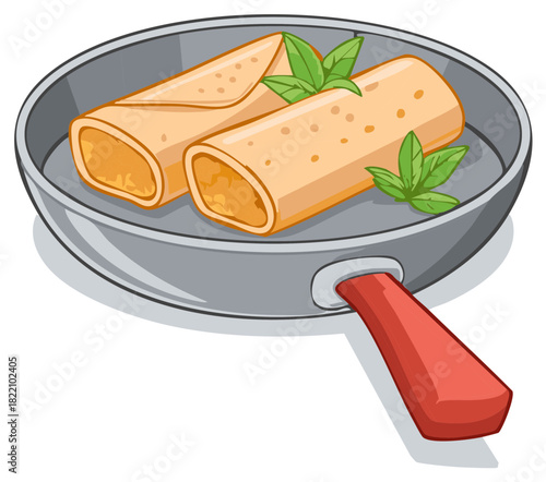 Savory Filled Crepes in Pan Topped with Herbs, Healthy Meal, Simple Recipe