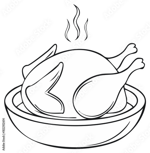 Steaming Roasted Chicken Illustration for Menu or Recipe, Outline Style, Traditional Dinner in Serving Dish with Smoke