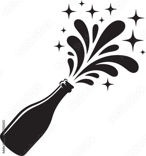 Black silhouette reveals a bottle pouring sparkling liquid with star accents, transparent background