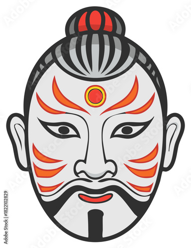 Traditional Japanese Kabuki theatrical mask stylized illustration with white face red markings