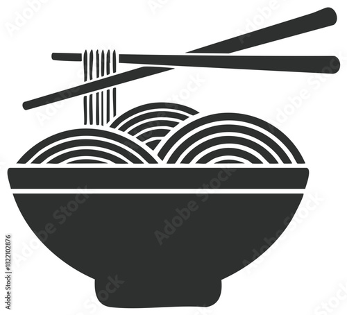 Stylized illustration of steaming noodles in a bowl with chopsticks lifting strands.