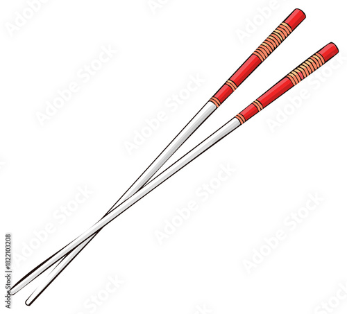 Traditional Asian Eating Utensils Red and White Decorative Chopsticks Cartoon Vector