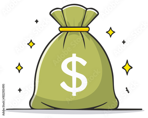 Green Money Bag with Dollar Sign and Sparkles