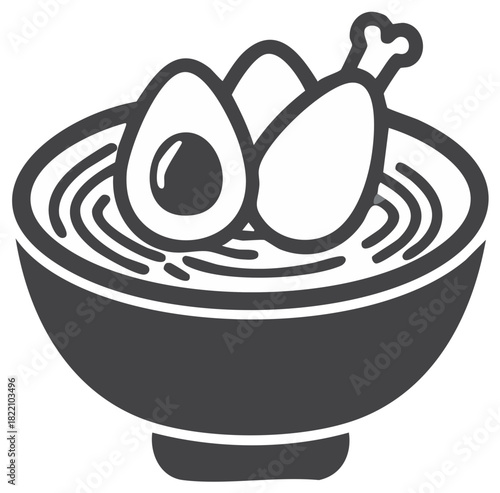 Simple glyph icon of Asian ramen noodle soup with chicken drumstick and egg