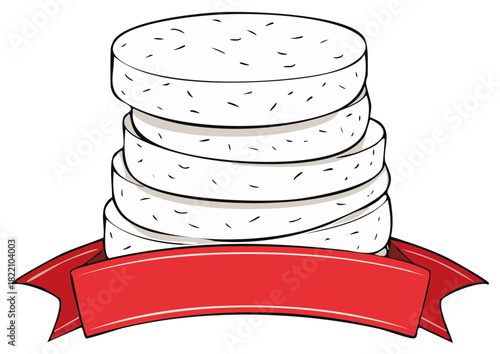 Stack of Round White Cookies or Cakes with a Red Ribbon Banner Below
