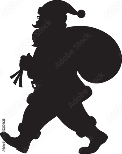 Santa Claus silhouette carries the sack while walking on a transparent background