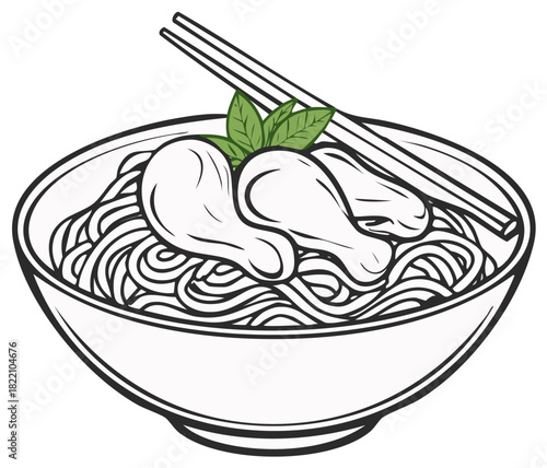Vector line art illustration of a traditional Asian chicken noodle soup bowl with chopsticks and herbs