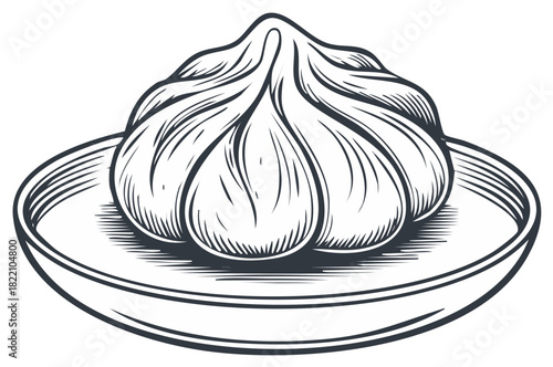 Steamed Dumpling Sketch: Food Illustration, Hand-Drawn Asian Cuisine on Plate