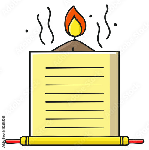 Cartoon illustration of a burning ancient scroll representing the destruction of secrets or evidence