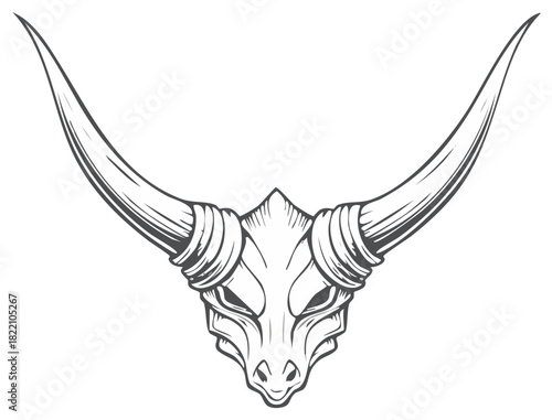 Stylized Dragon Skull with Large Curved Horns in Black and White Line Art