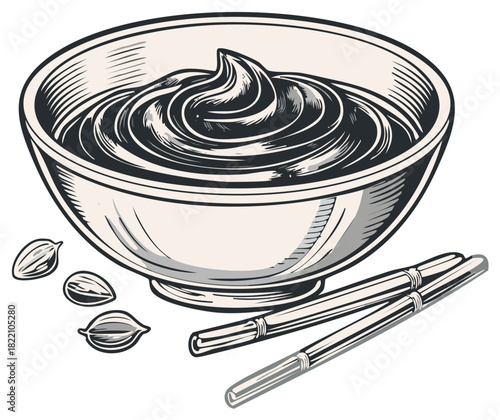 Bowl of traditional Asian sauce with chopsticks and spices in a vintage engraved illustration style