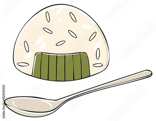 Illustrated Rice Ball with Spoon, Japanese Cuisine, Nori Seaweed, Asian Culture