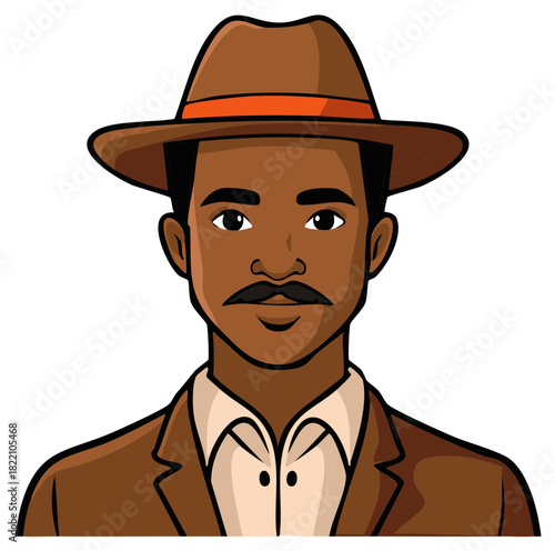 Illustration of a man wearing a fedora hat and suit jacket