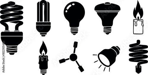 Black silhouette collection of various light bulbs candle and lamp vector icons illustration
