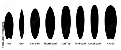 Big set of black surfboards types