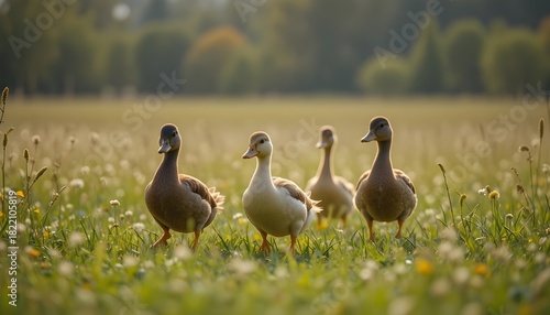 ducks running across open meadow and cute ducklines are behind them