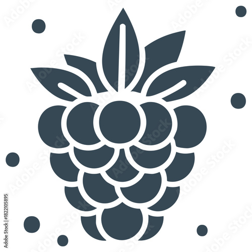 Stylized dark blue berry fruit icon with leaves and subtle floating decorative particles