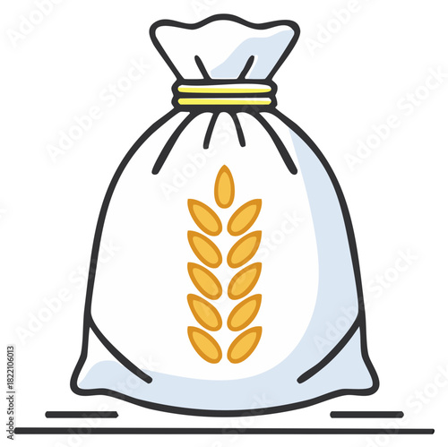 Illustration of a sack of flour with a wheat emblem
