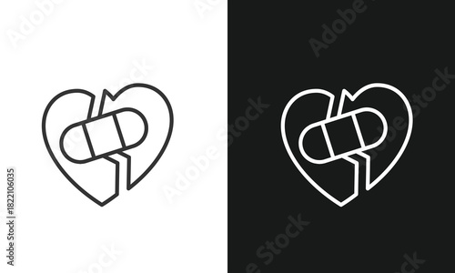 Broken Heart with Bandage Line Art Icon for Emotional Healing, Relationship Recovery, and First Aid Concepts