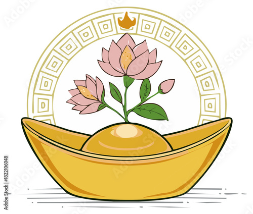 Golden Ingot Featuring Blooming Lotus Flowers and Traditional Asian Design Elements in Elegant Illustration Style