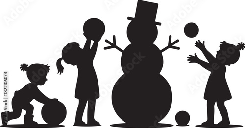 Silhouette children are joyfully building a snowman with snowballs on a white background