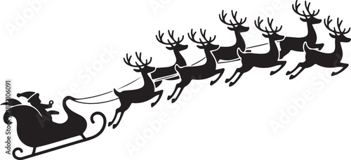 Santa silhouette flies in sleigh, reindeer leading way; on transparent background