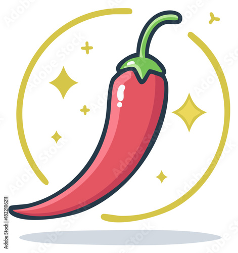 Stylized Illustration of a Red Chili Pepper with Sparkles and Glowing Circle