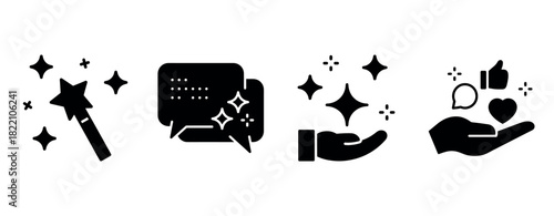 Magic wand, chat, and hand icons with sparkles and symbols