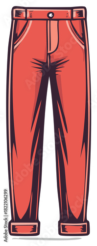 Vector illustration of stylish red pants with cuffs and pockets. Retro comic book style drawing of trousers.