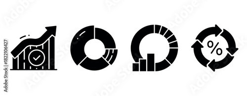 Black and white icon set of business growth and data analysis charts