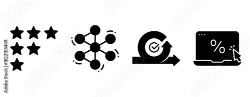 Set of icons: rating stars, network nodes, agile planning, online percentage