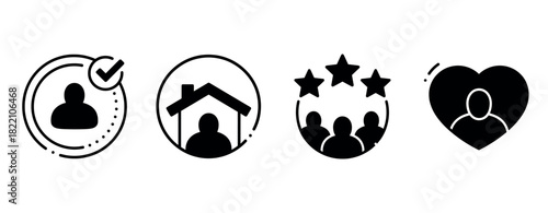 Profile and community icons: user check, home, stars, heart silhouettes